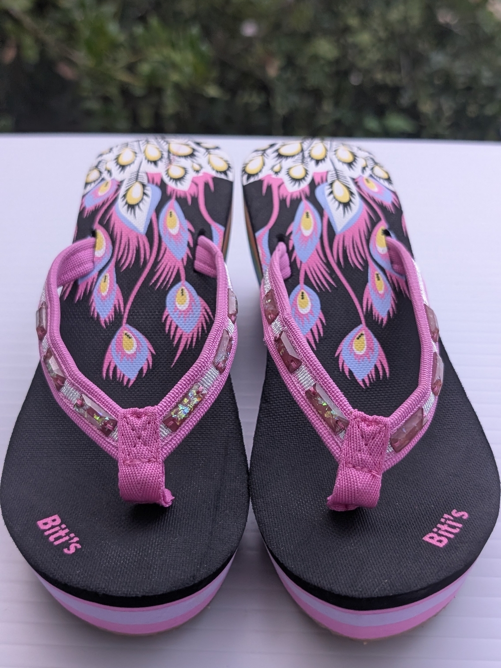 Pink Peacock Print Platform Flip Flop Sandals